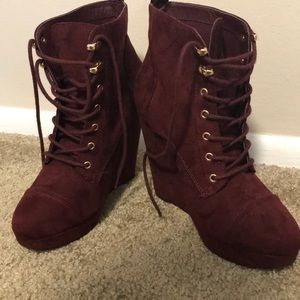 Maroon Suede Lace-Up Booties